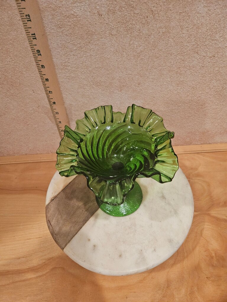 Vintage Fenton Green Swirl Glass Double Crimped Candy/Compote Dish