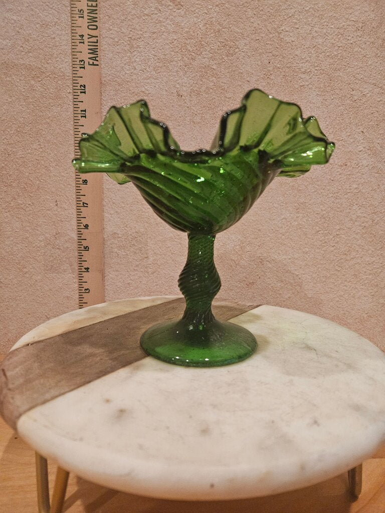 Vintage Fenton Green Swirl Glass Double Crimped Candy/Compote Dish