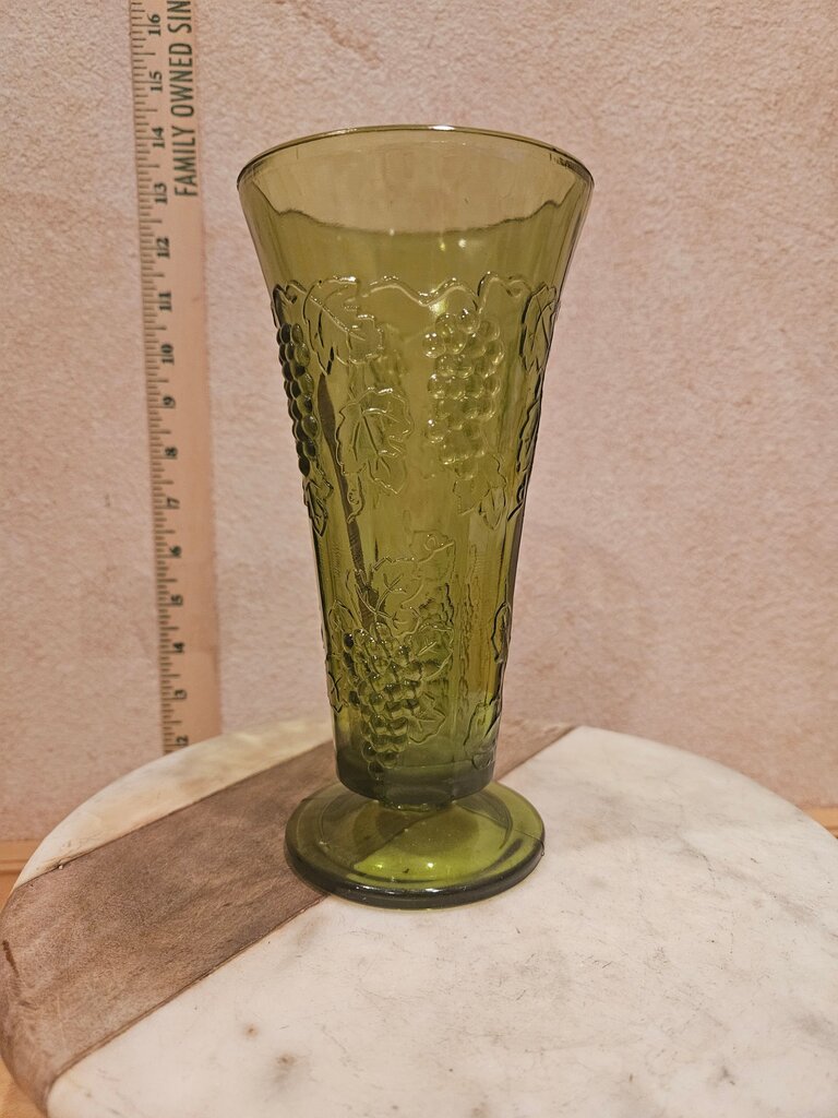 Vintage Indiana Art Glass Vase Tall Footed Harvest Grape pattern Colony Green