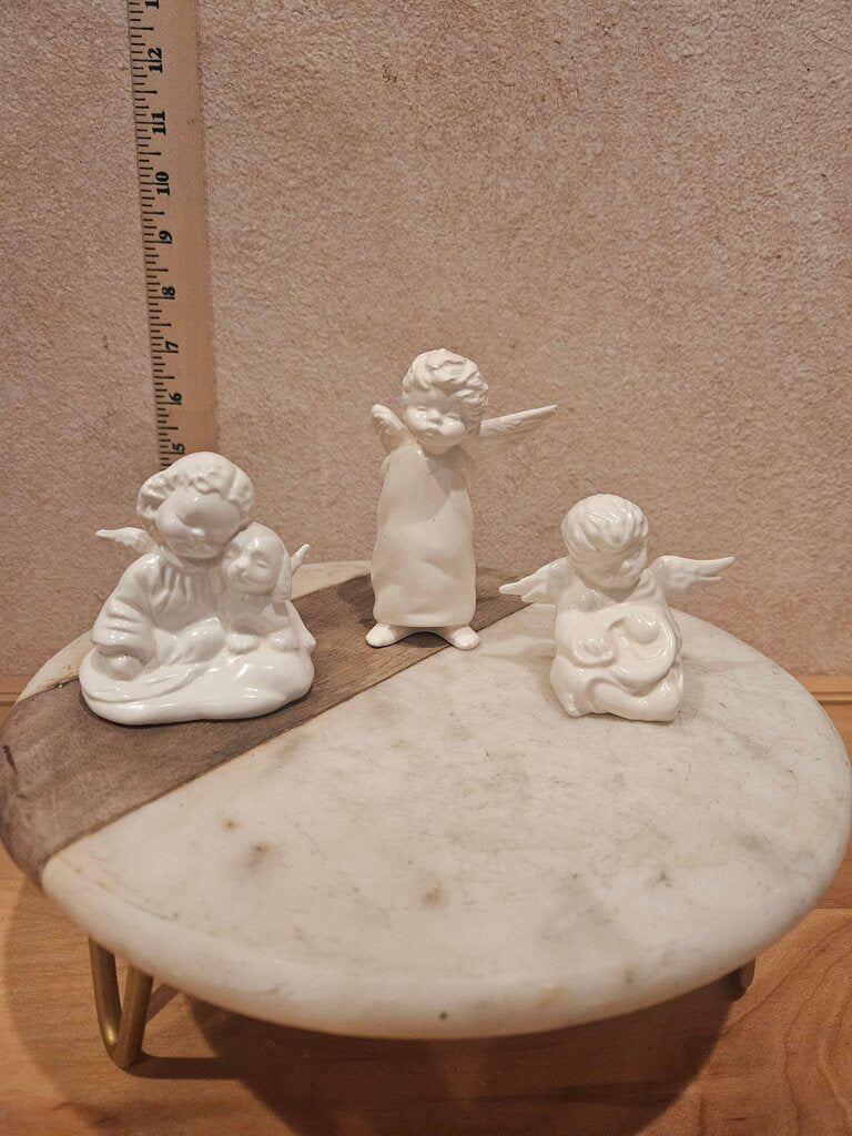 Set of 3 Vintage white porcelain cherub angel child and dog, cherubs, cherub, Angel Figurines