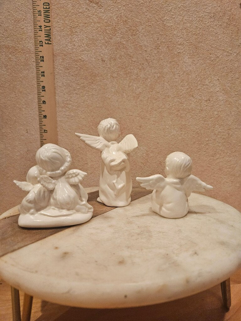 Set of 3 Vintage white porcelain cherub angel child and dog, cherubs, cherub, Angel Figurines