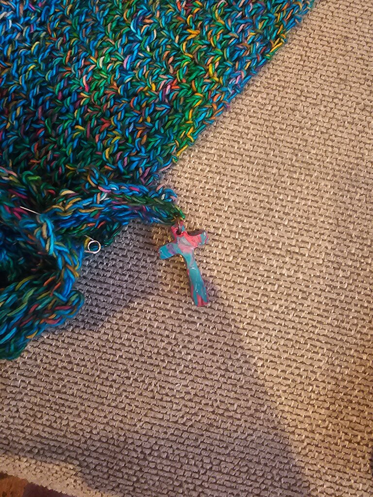 Colorful Knit Shawl with Cross Charm