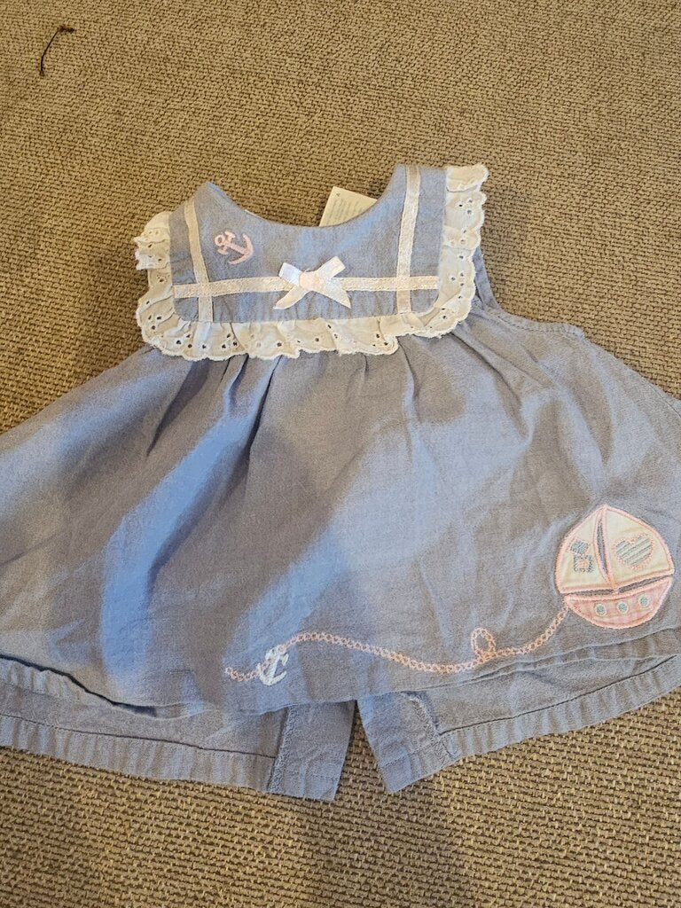 Girls Blue Dress with Lace and Anchor Design