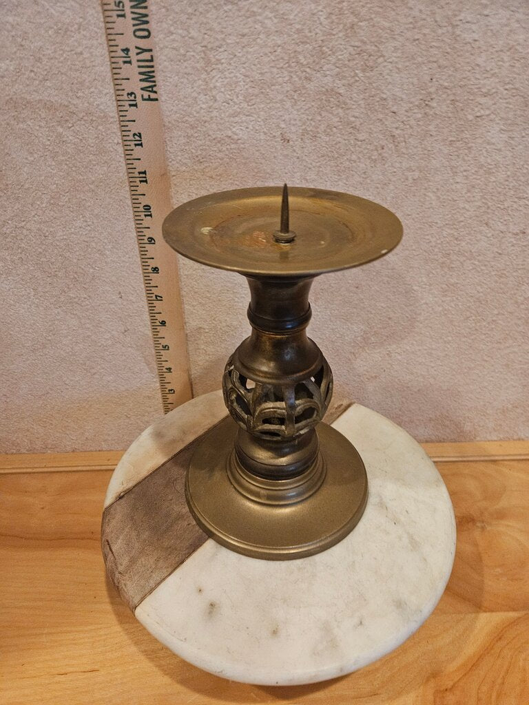 Vintage Brass Large Single Spiked Pedestal Candle Holder with cut outs to the center
