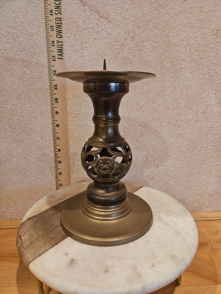 Vintage Brass Large Single Spiked Pedestal Candle Holder with cut outs to the center
