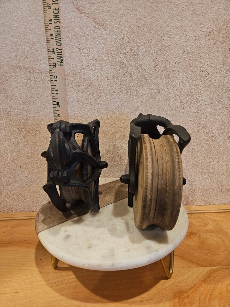 Pair of Antique Myers R796 Hay Trolley Carrier Cast Iron Wood Wheel Pulley Farm Barn