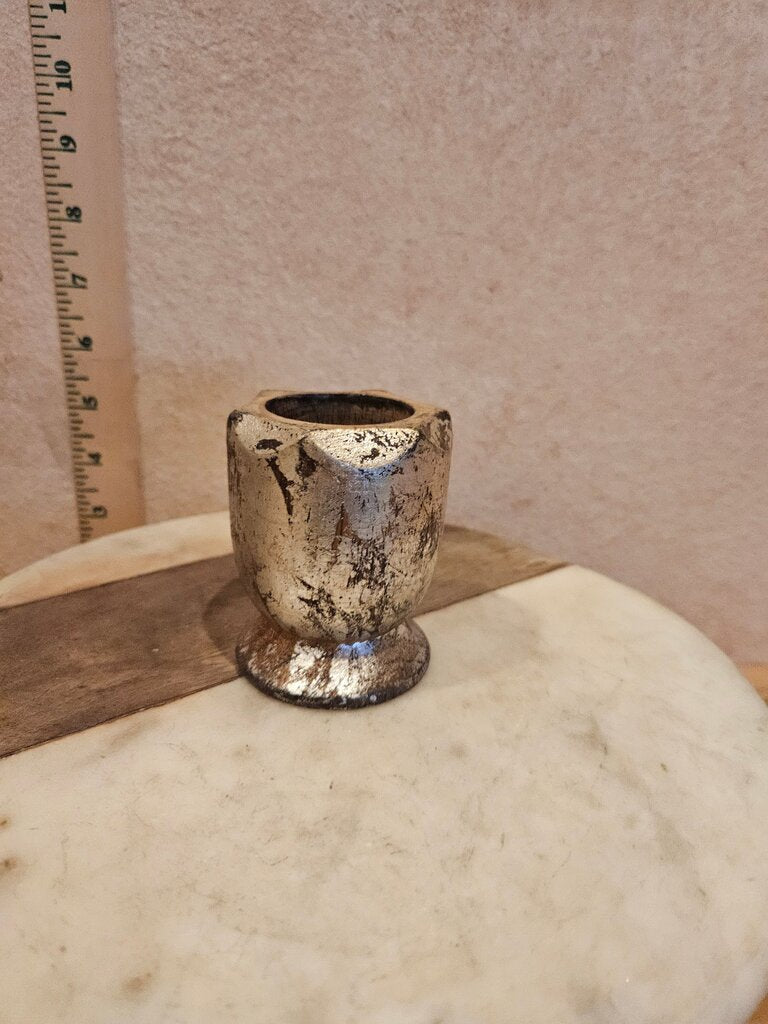 Vintage Made in India Handmade Gilded silver hand turned Distressed Candle Holder, trinket dish Florentine style