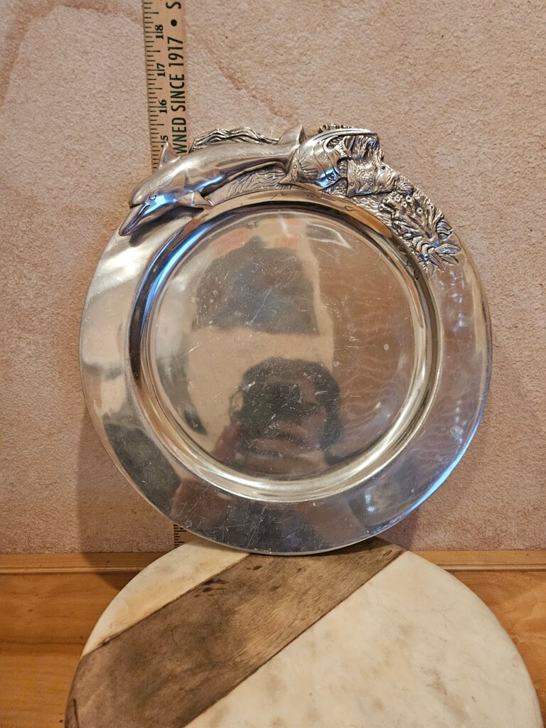 Vintage Hacienda Real Pewter Serving Tray Platter Appetizer Mexico Dolphin Fish, Dolphin, Sea Design