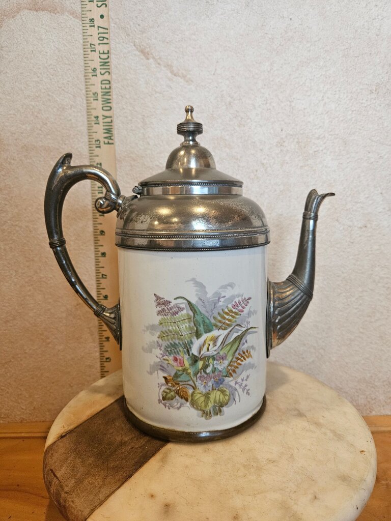 Antique coffee pot by Manning, Bowman Company late 1800’s enameled graniteware coffee pot with pewter lid