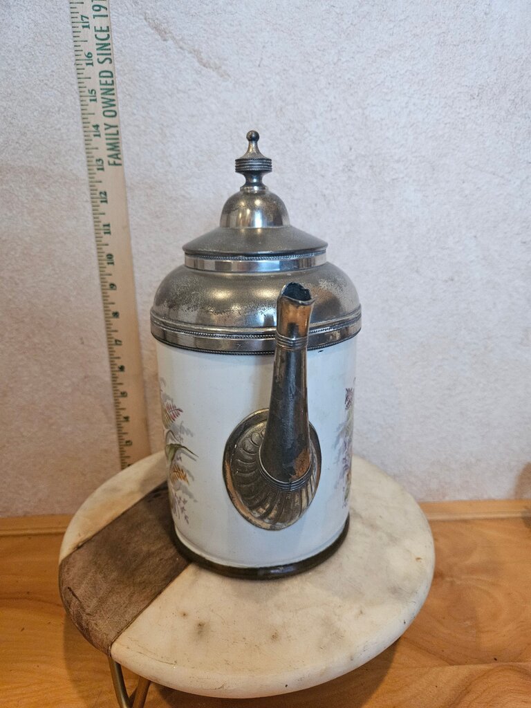 Antique coffee pot by Manning, Bowman Company late 1800’s enameled graniteware coffee pot with pewter lid
