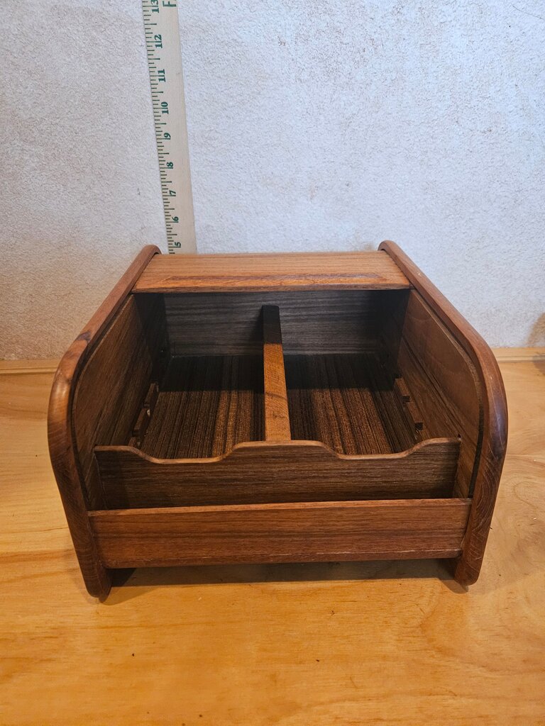 Vintage Mid Century Wood Tambour Roll Top Storage Box Desk Organizer