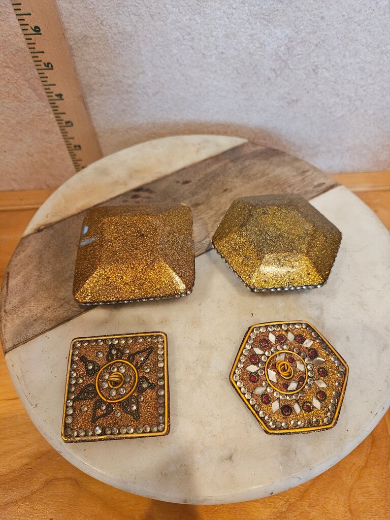 Pair of Vintage Octagonal & square Moroccan style Jewelry Pill Trinket Box w Rhinestones
