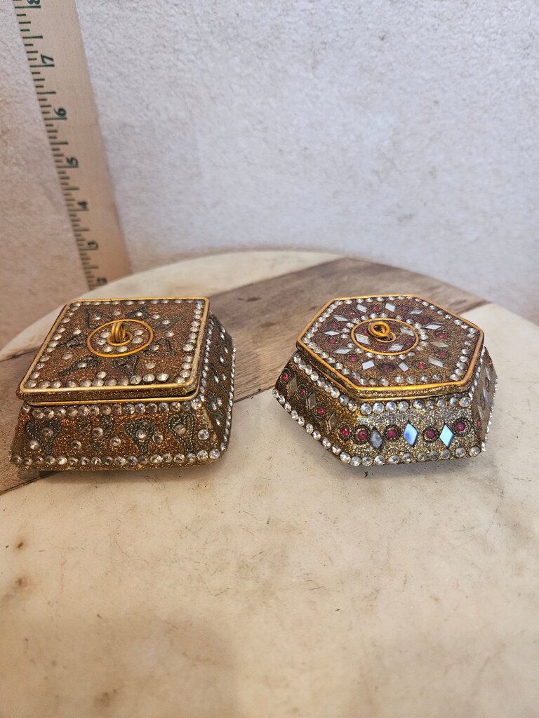 Pair of Vintage Octagonal & square Moroccan style Jewelry Pill Trinket Box w Rhinestones