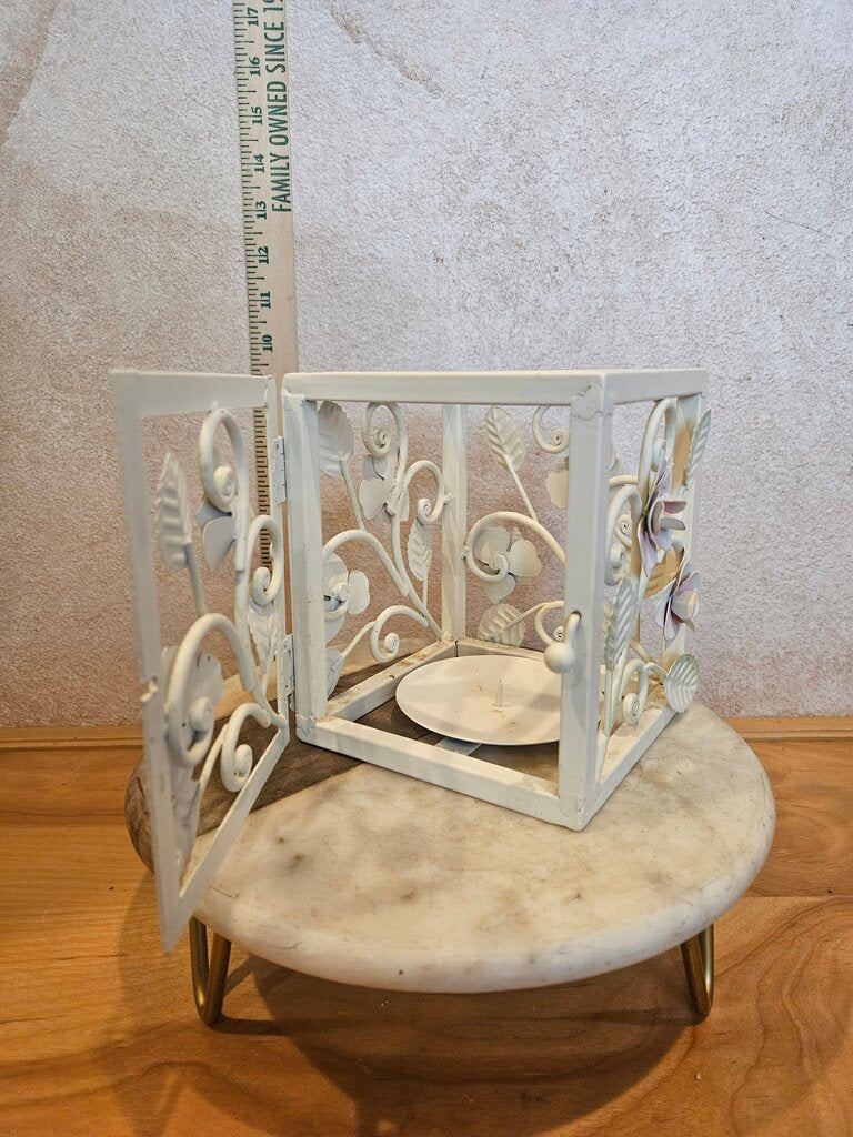 Rustic Home, chippy paint wrought iron hinged door basket candleholder