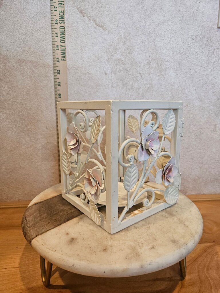 Rustic Home, chippy paint wrought iron hinged door basket candleholder