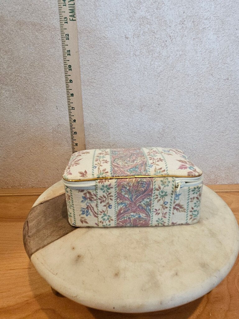 Vintage Jewelry case travel box Zip Around Storage Floral 80s flowers box