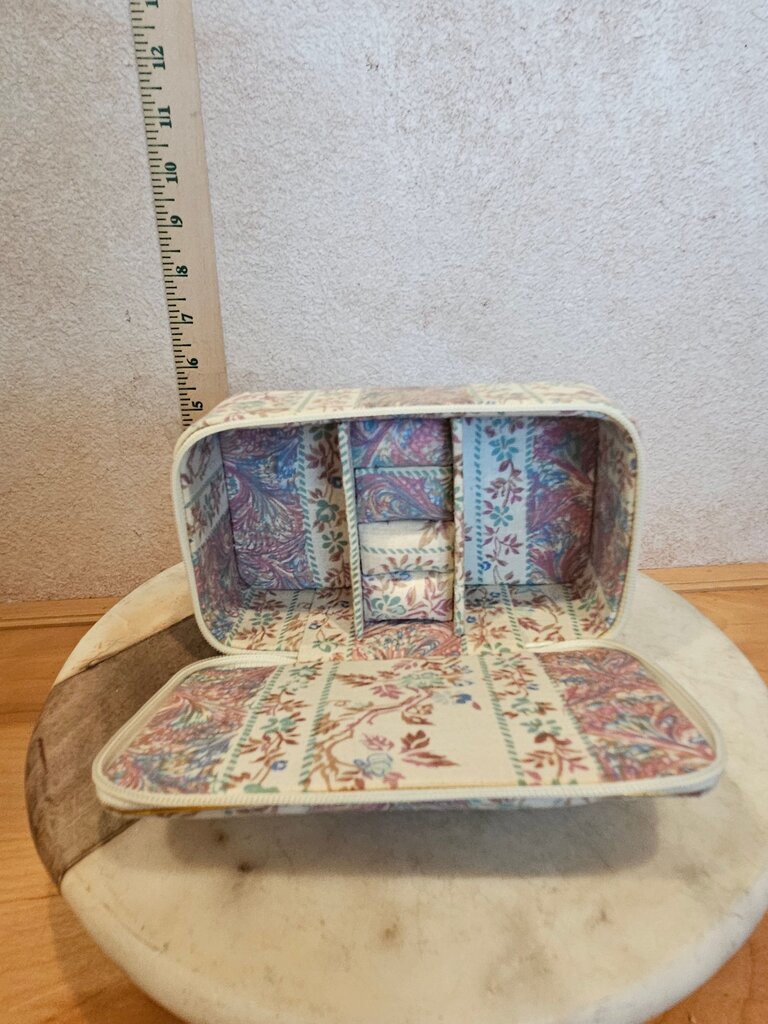 Vintage Jewelry case travel box Zip Around Storage Floral 80s flowers box