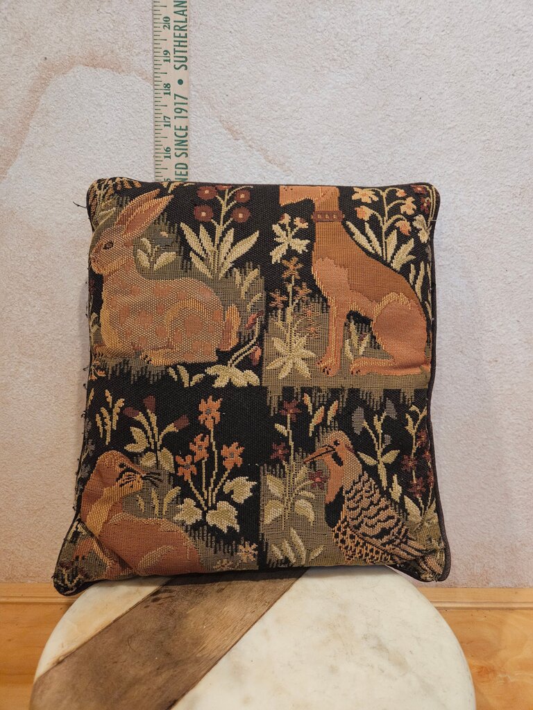 Vintage Robert Allen “Woodland Animals” Tapestry Pillow, Rabbit Bunny Terrier Dog Otter Bird