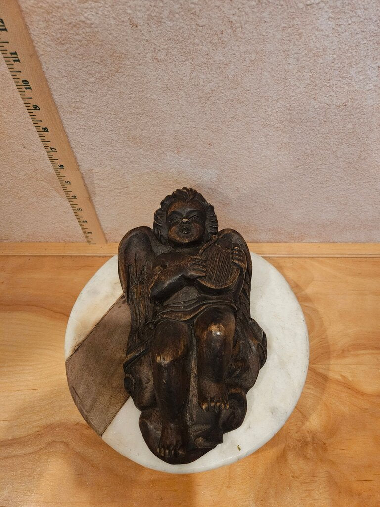Vintage/Antique Unique Hand Carved Religious Winged Wooden Exquisite Detailed Cherub Sculpture wall mounted Statue Angel Harp