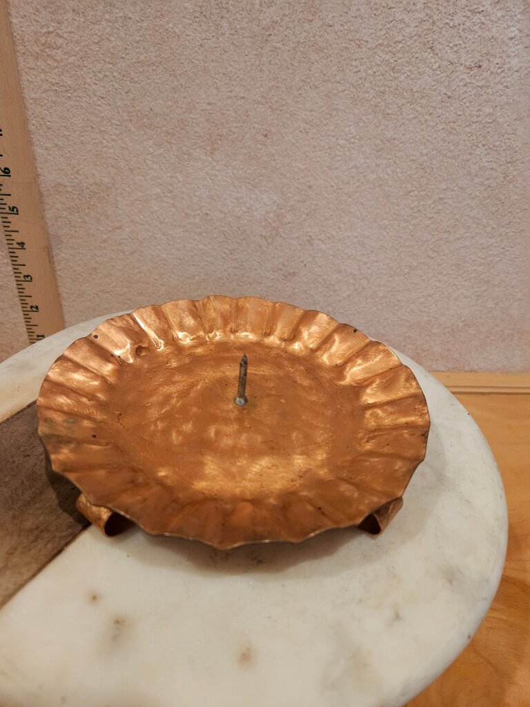 Vintage Copper hammered, scalloped design footed Candle Holder