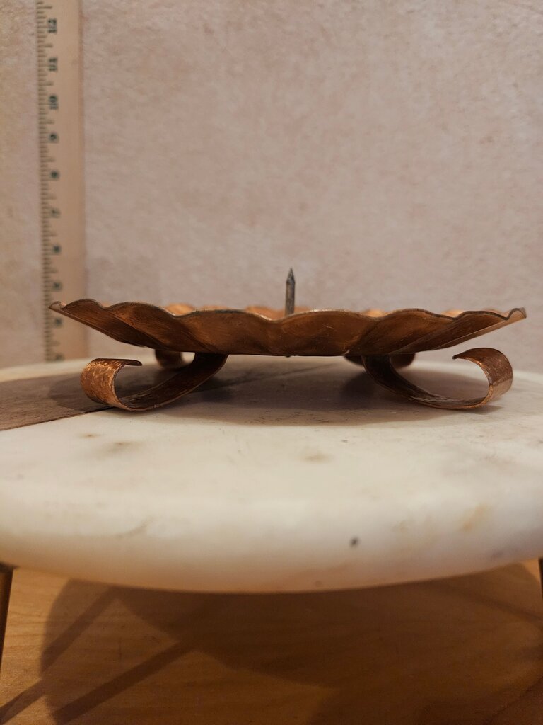 Vintage Copper hammered, scalloped design footed Candle Holder