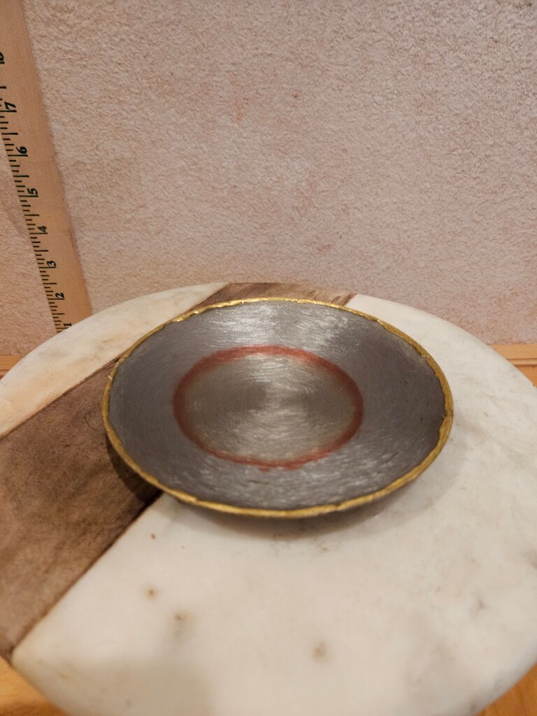 Vintage Midcentury Handmade Steel Plate With Gilt Edge as is heat ring