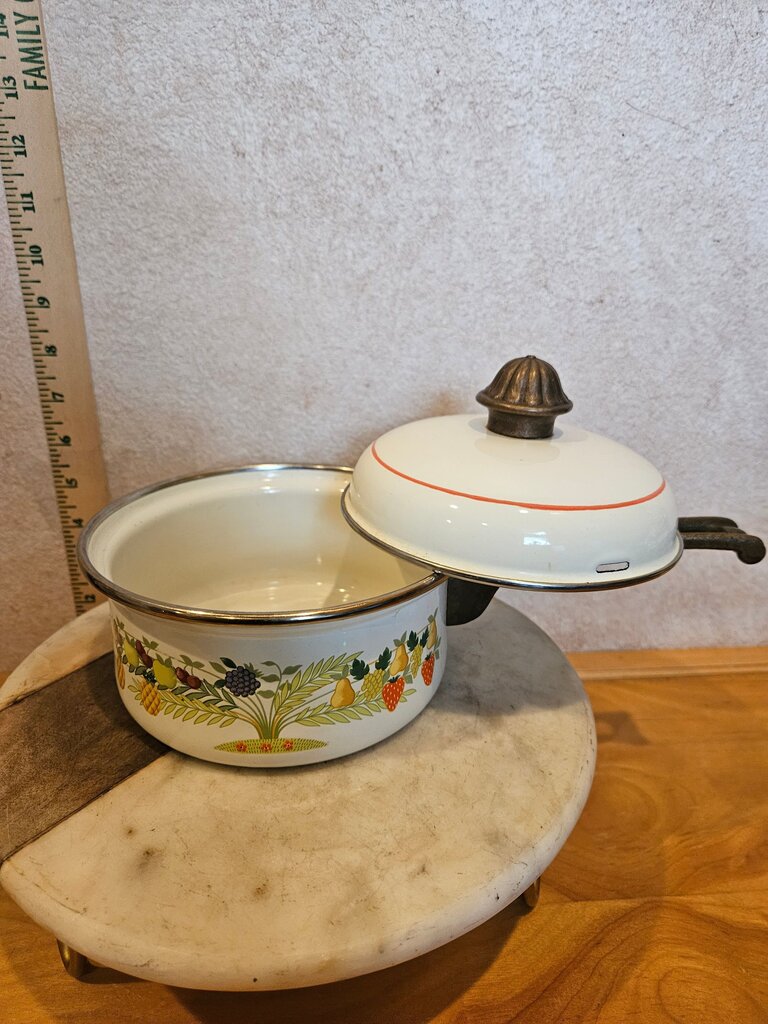 Vintage Asta Enamel Saucepan With Lid, White Fruit Print Brass Handle