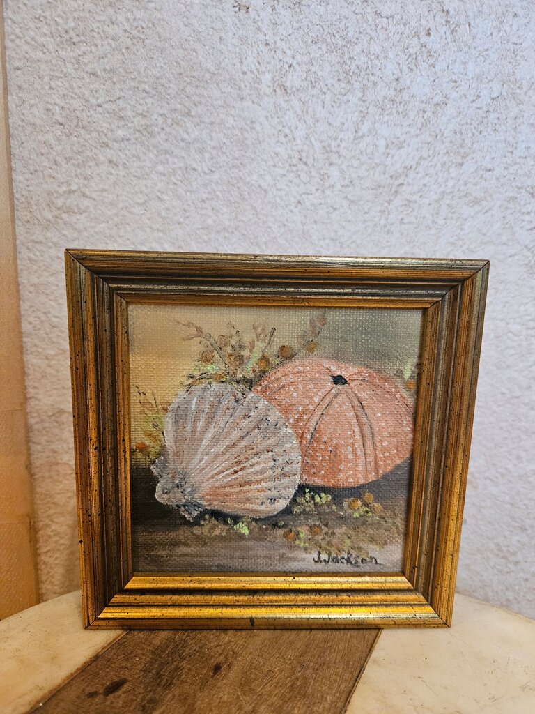 original signed painting beach shells stones framed art J. Jackson