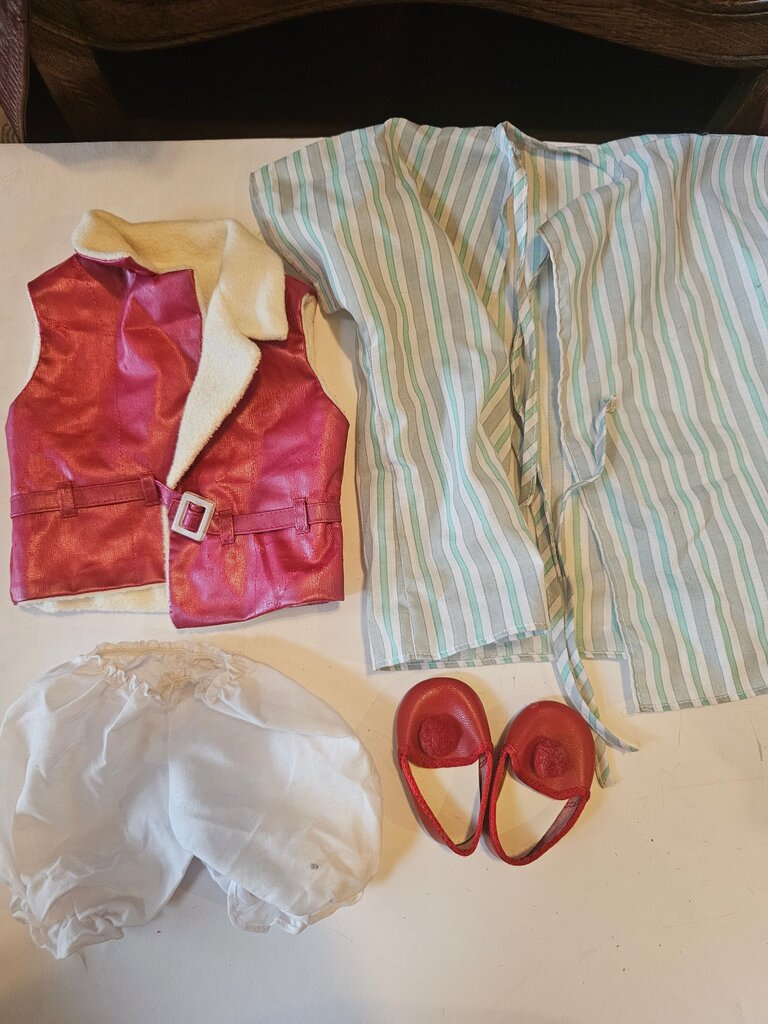 Vintage Doll Clothing Set with Red Vest and Striped Robe