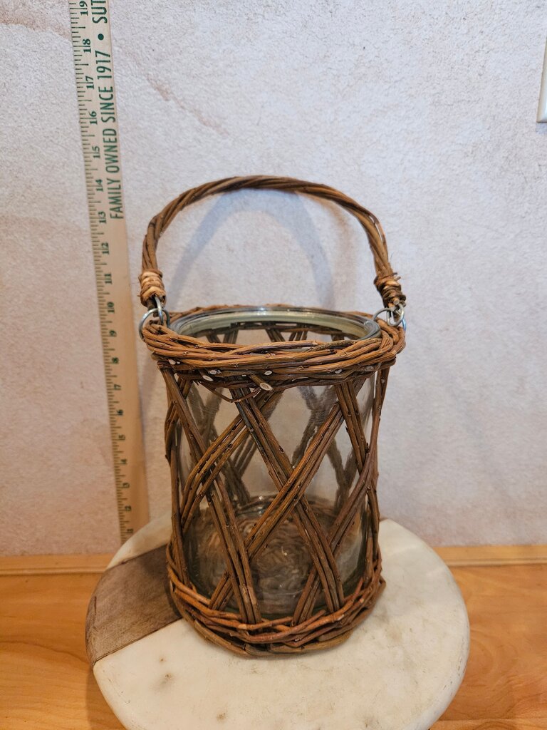 Vintage Glass and Wicker Vase w hanging or carrying handle
