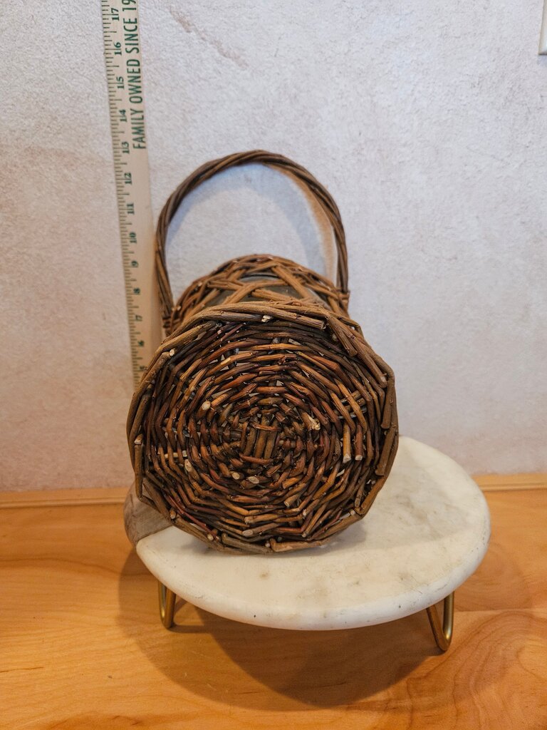 Vintage Glass and Wicker Vase w hanging or carrying handle