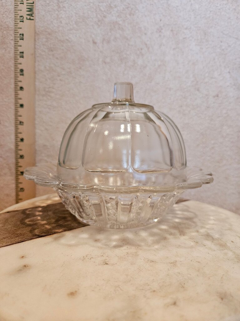 Vintage Covered Butter Dish, cheese display, scalloped edge candy server