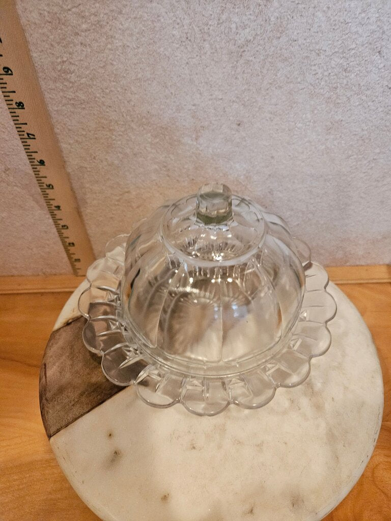 Vintage Covered Butter Dish, cheese display, scalloped edge candy server
