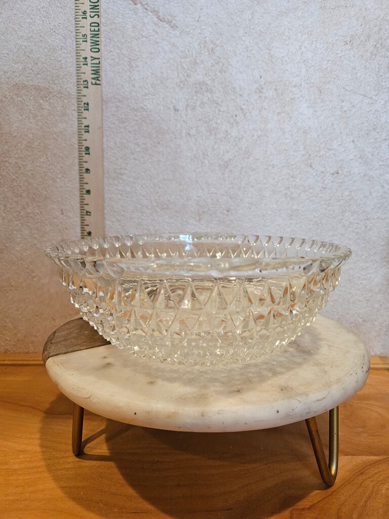 vintage hobnail glass bowl with diamond cut pattern, 8 inch clear glass serving dish, cut glass pressed bowl for berries, fruit, potatoes