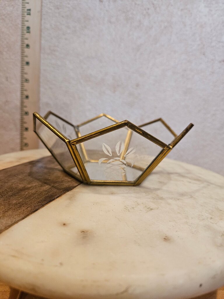 Brass and Glass Mirrored Bottom Geometric Trinket Holder basket dish