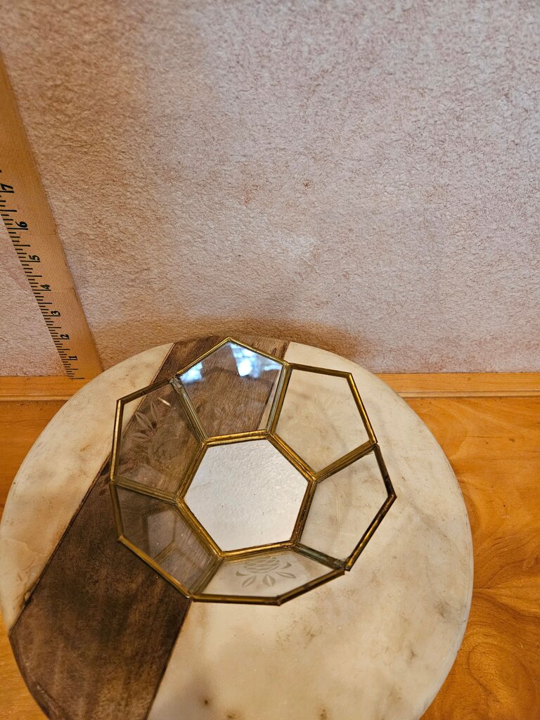 Brass and Glass Mirrored Bottom Geometric Trinket Holder basket dish