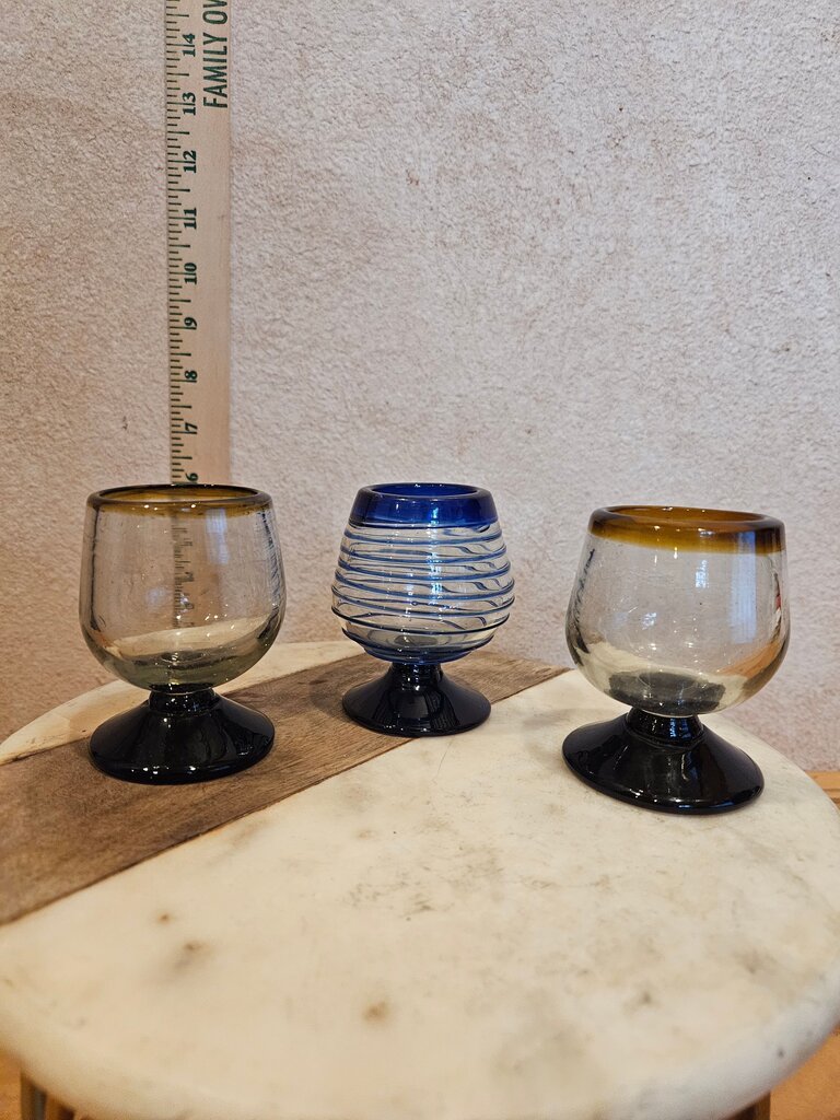Pair of MEXICAN BLOWN GLASS SHORT STEM Amber BRANDY SNIFTER
