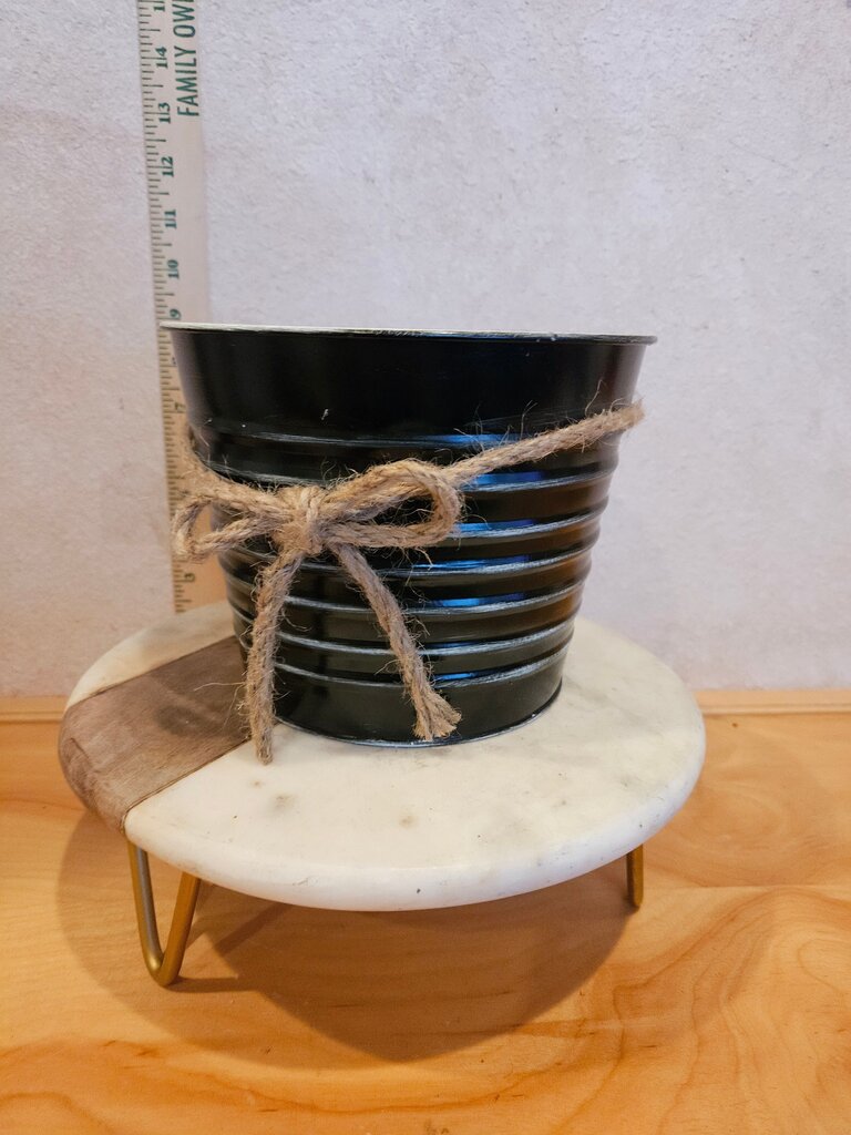Decorative Floral Ribbed Black Metal Planter with burlap string bow