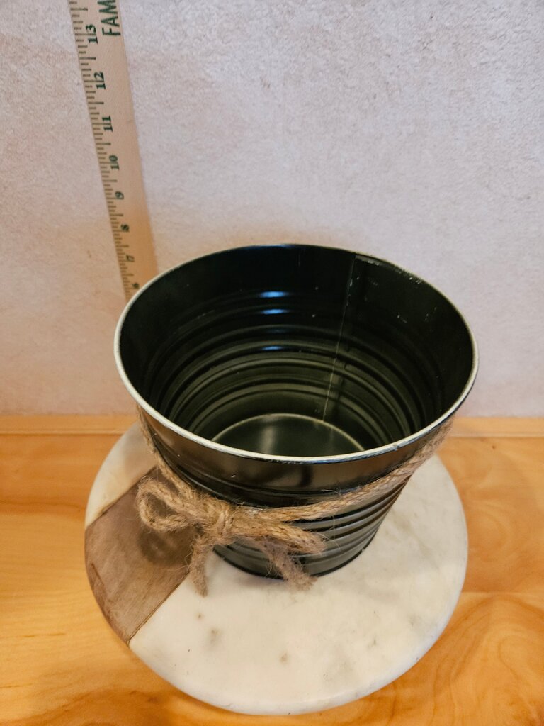 Decorative Floral Ribbed Black Metal Planter with burlap string bow