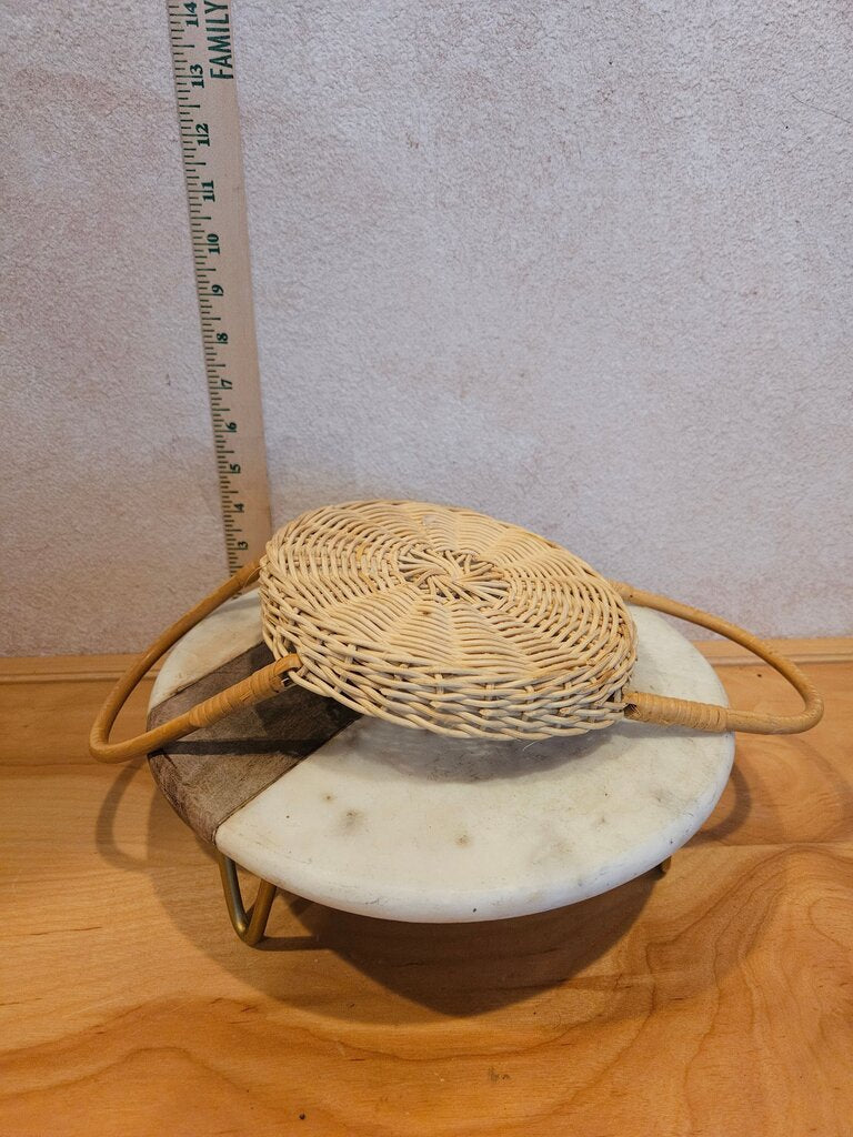 vintage round rattan basket w Handles table display, serving bowl holder