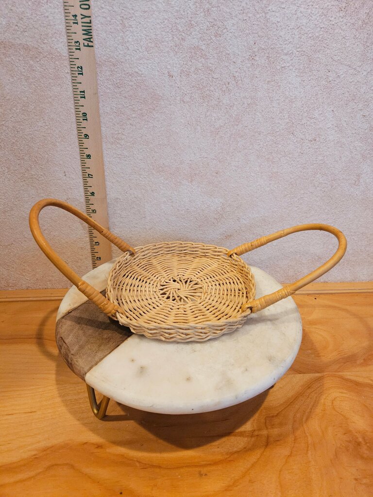 vintage round rattan basket w Handles table display, serving bowl holder