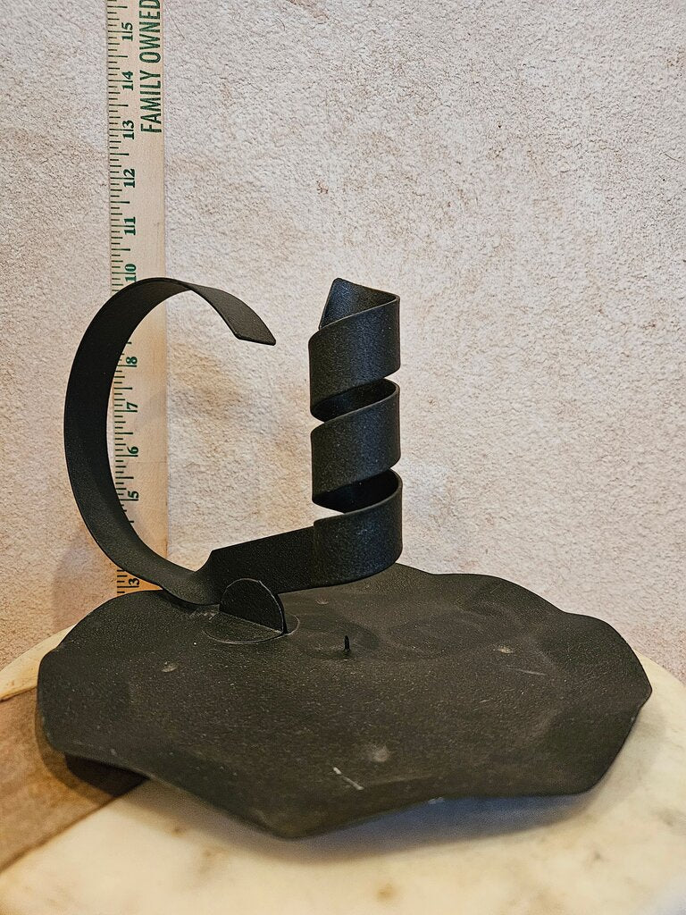 Primitive antique candlestick candle holder w Spiral Design, handle iron metal