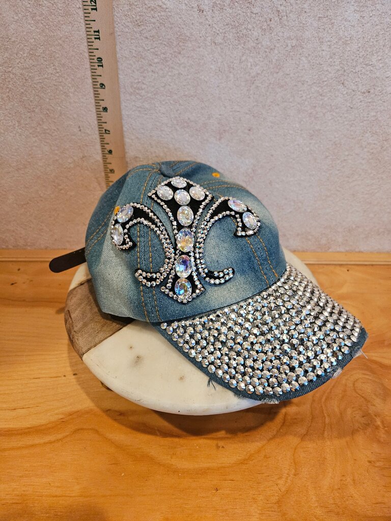 Denim Fleur De Lis Flower Faux Diamond Sparkling Saints Symbol Baseball Hat Cap