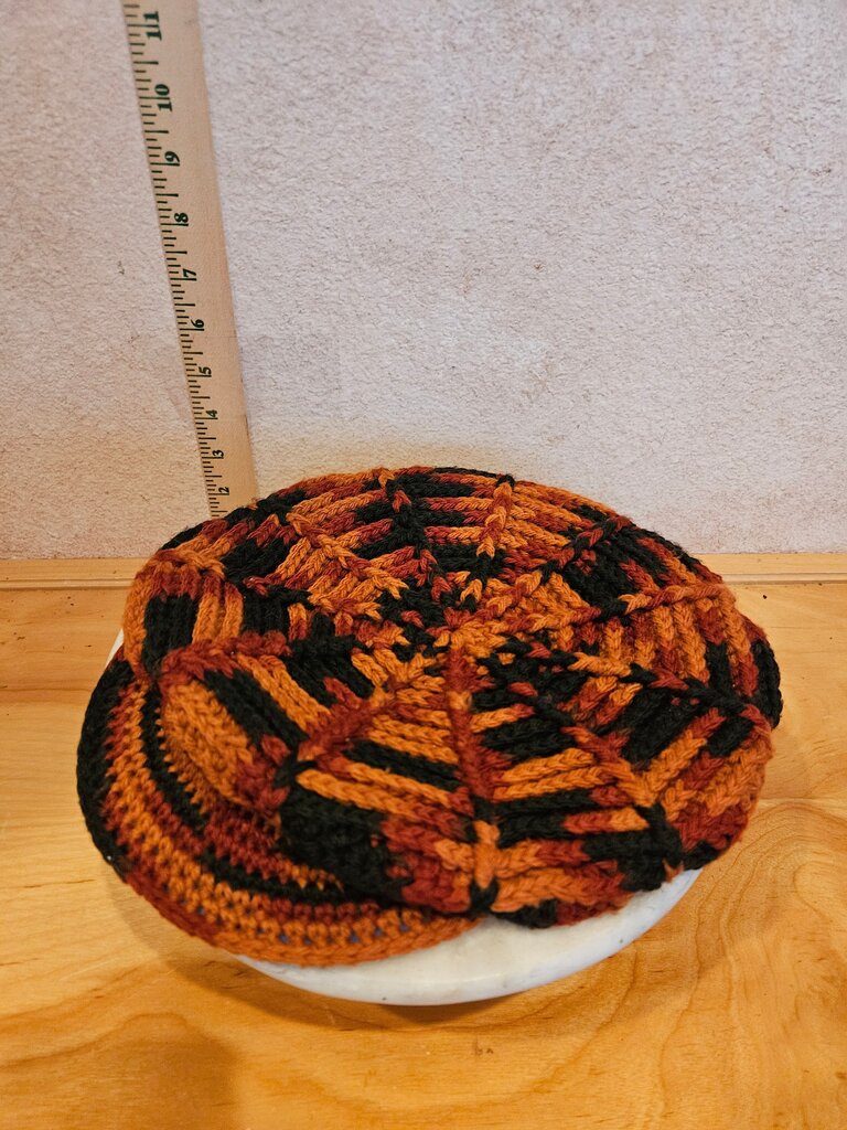 Crochet knit Beanie w Spider Web Design fall colors slouch cap black orange