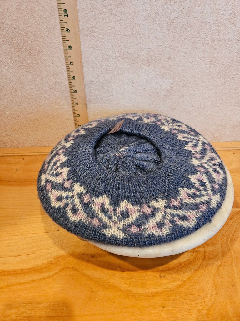 Tam, hat, hand knitted, traditional, Fairisle Navy Blue Fair Isle Knit Beanie beret