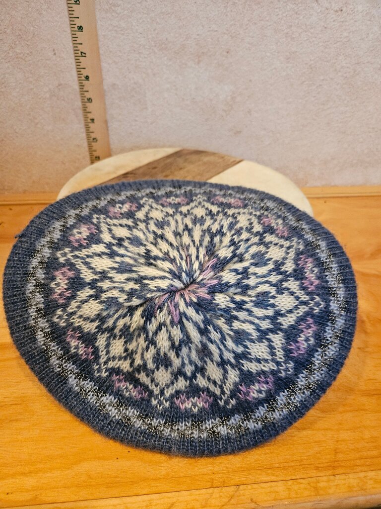 Tam, hat, hand knitted, traditional, Fairisle Navy Blue Fair Isle Knit Beanie beret