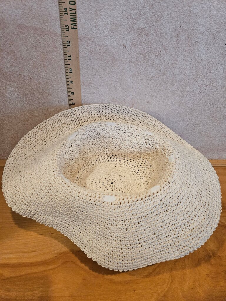 Wide Brim Straw floppy bucket Sun Hat w white trim ribbon