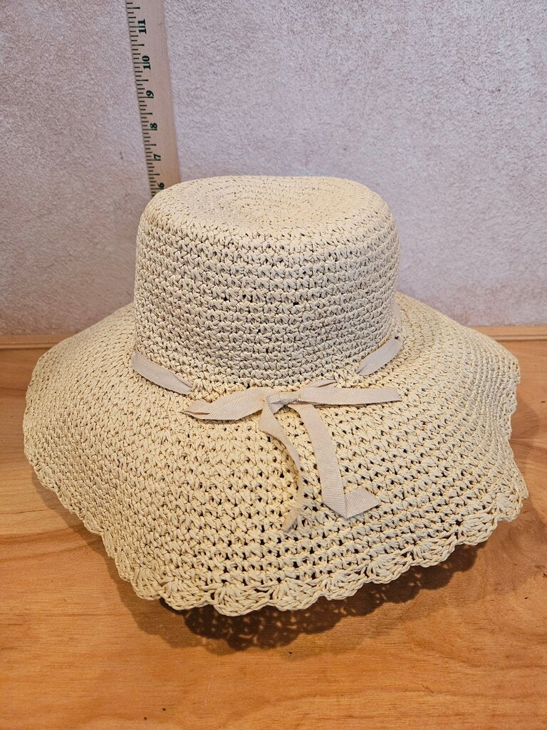 Wide Brim Straw floppy bucket sun Hat w white trim ribbon
