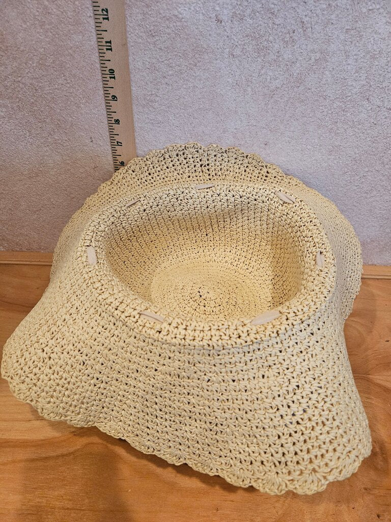 Wide Brim Straw floppy bucket sun Hat w white trim ribbon