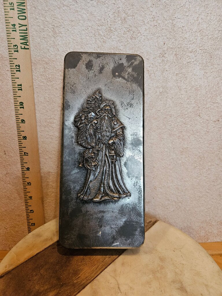 Vintage Rectangle Metzke Pewter Holiday Santa Tin Santa Claus Metal Box